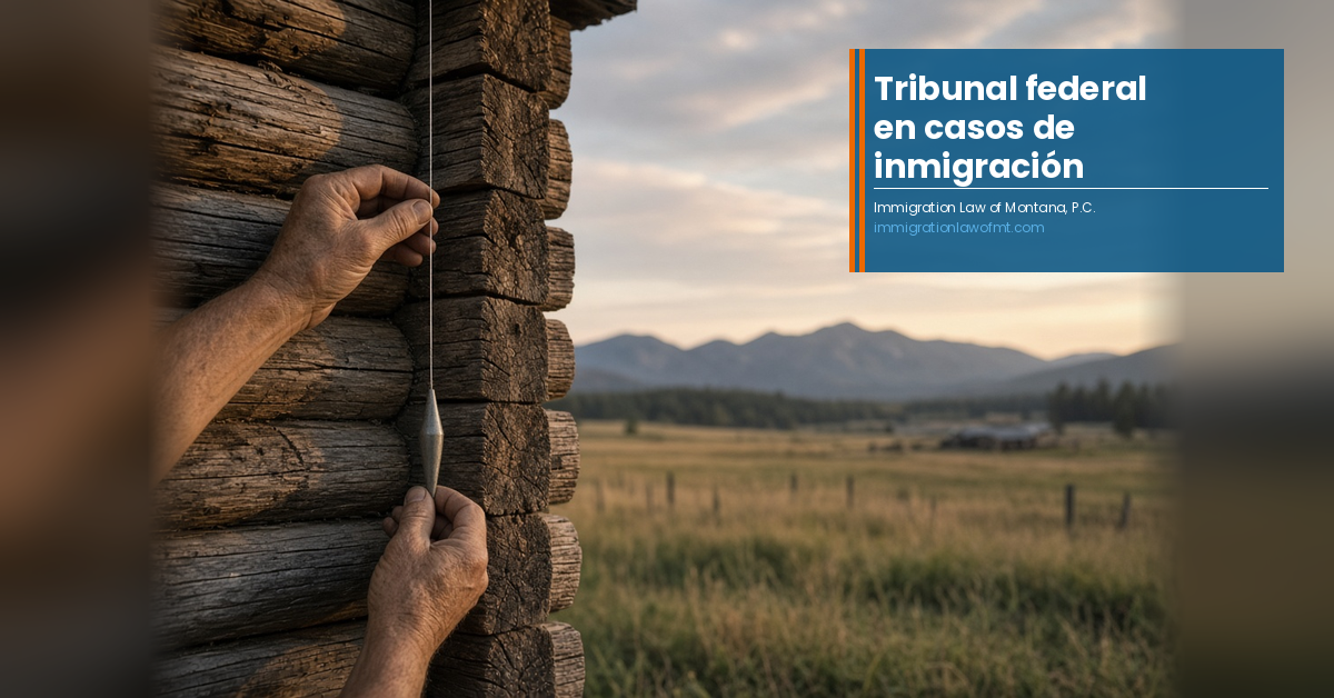 Manos curtidas sostienen una plomada contra la esquina de una cabaña de troncos para comprobar que está a plomo, con una pradera y montañas al fondo.